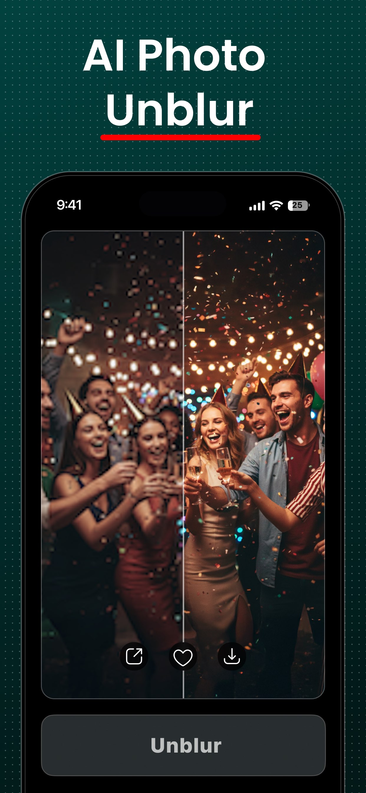 FxAI Photo Restore unblurring a soft party photo into crisp HD.
