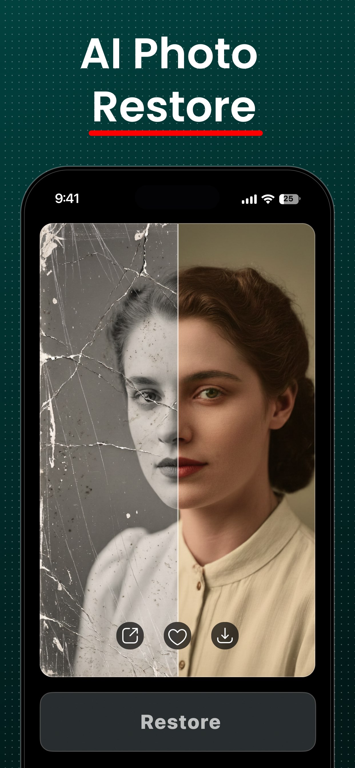 FxAI Photo Restore reviving a damaged black-and-white portrait in lifelike color.