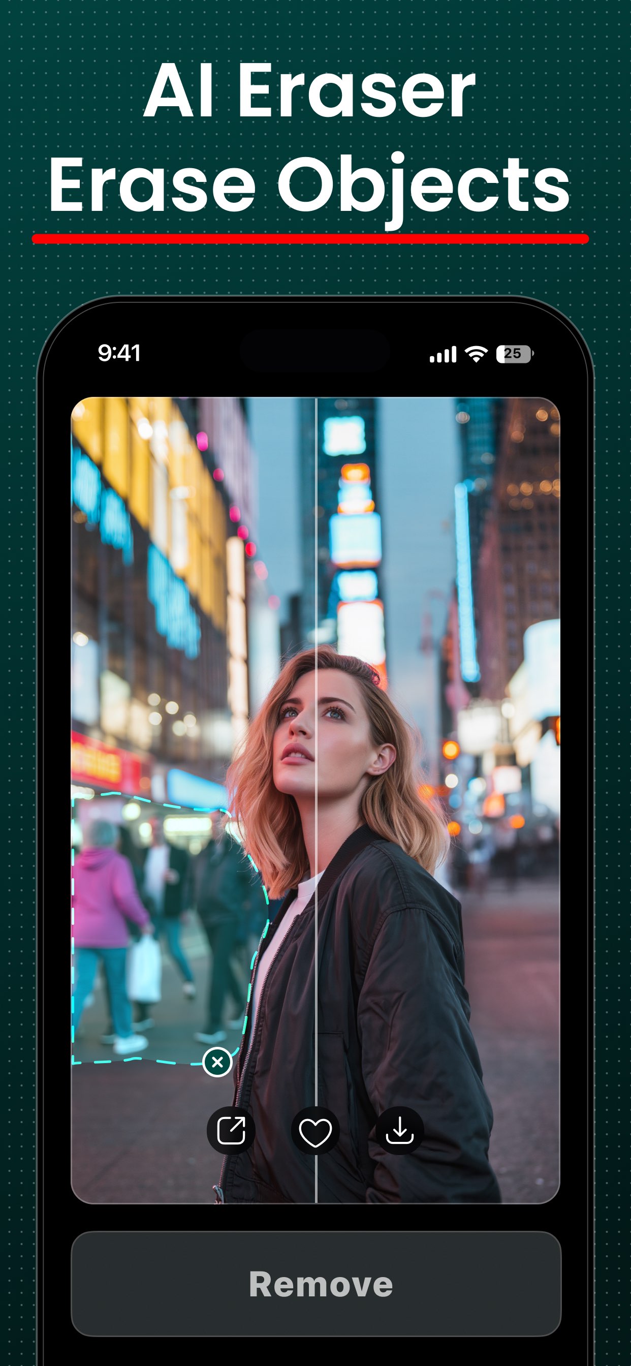 FxAI AI Eraser removing unwanted people from a street photo.